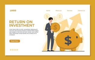 Return on investment Landing page template web banner Piggy bank with dollar sign and businessman landing page template. vector