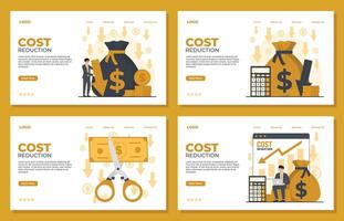 Set of Cost reduction landing page template with flat design illustrations of business and finance topics. vector