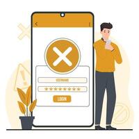 Login failed Man using smartphone with error message on screen. Flat illustration. vector