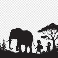 Elephant silhouette, children walking with an elephant, children walking with an elephant, children walking with vector