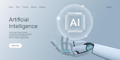 Web banner with robot hand holding processor, technology, machine learning, neural network, Artificial Intelligence landing page concept. vector