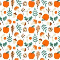 Autumn hand drawn elements seamless pattern. Fall season scrapbooking colorful icons repeat on white. vector