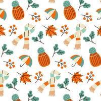 Autumn hand drawn elements seamless pattern. Fall season scrapbooking colorful icons repeat on white. vector