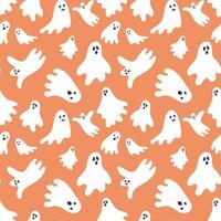 Cute white Halloween ghosts seamless pattern on orange background. Fun halloween ghost surface print for invitations, decor, wrapping paper vector