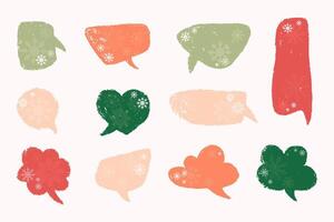 Christmas grunge speech bubbles with snowflakes decorations. Empty xmas chat boxes set. Grungy talk balloon shapes. Doodle chat message box set vector