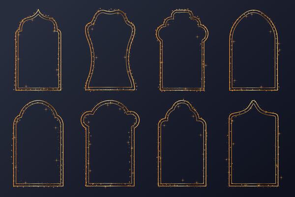 Gold elegant frames set. Golden thin geometric borders in an art deco style with glitter sparkles for invitations, cards, posters