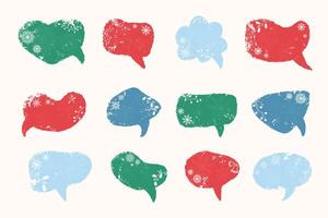 Christmas grunge speech bubbles with snowflakes, holly branch, bells and decorations. Empty xmas chat boxes set. vector