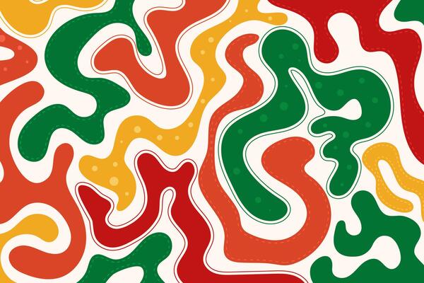Abstract Christmas waves trendy background in 60s, 70s retro style. Modern wavy fluid organic shapes backdrop in red, green, yellow colors