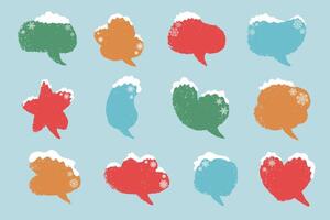 Christmas grunge speech bubbles with snow and snowflakes decorations. Empty xmas chat boxes set. vector
