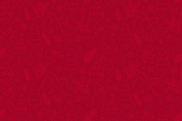 Red Christmas seamless pattern with doodles. Christmas icon texture with decorations, tree, santa socks, bauble, holly branch, bow, fir tree
