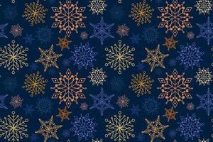 Gold and blue snowflake seamless pattern on blue background. Business decorative holidays pattern vector