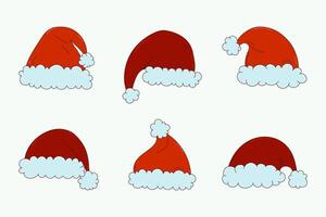 Christmas Santa Claus hats icon set in hand draw cartoon style. Red Santa hats collection on white background vector