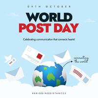 Post day celebration banner with earth globe, letters around it, pigeon with letter, arrow with text connecting the world. vector