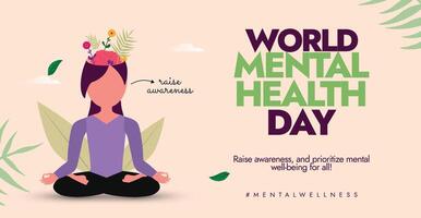 Mental health day conceptual design with girl character sitting in Suk asana pose, relaxing her mind vector