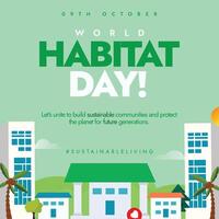 World Habitat day. 9th October Habitat day celebration banner with a town view containing houses and buildings. The theme for 2024 is Engaging youth to create a better urban future. Shelter for all. vector