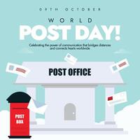 World Post day. 9th October post day celebration banner with a post office in the background a letter box in front, with lots of flying letters. The day recognizes the importance of postal services. vector