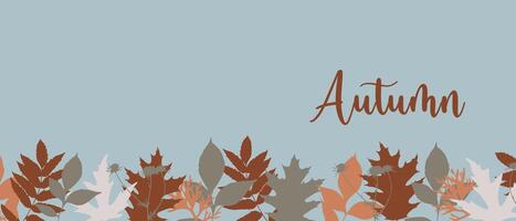 Ornament autumn leaves banner, horizontal background with imprint leaves on blue background. vector