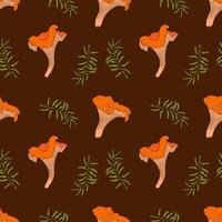Chanterelle Mushrooms and moss seamless pattern. Edible fungus repeat background. Autumn forest picking endless design. vector