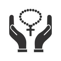 A simple but elegant illustration of two hands gently holding rosary beads in prayer, with the beads wrapping around the hands and a cross hanging down vector