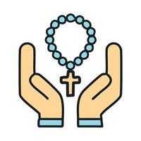 A simple but elegant illustration of two hands gently holding rosary beads in prayer, with the beads wrapping around the hands and a cross hanging down vector