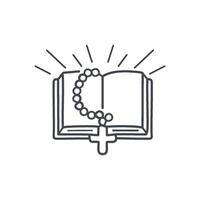 A detailed of rosary beads laid gently on an open Bible, with intricate beads and a delicate crucifix, surrounded by soft rays of light vector