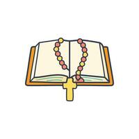A detailed of rosary beads laid gently on an open Bible, with intricate beads and a delicate crucifix, surrounded by soft rays of light vector