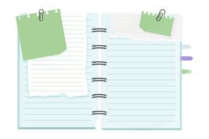 Memo notes, paper for note with clip, postit. Planner notebook page. Idea list. Post note sticker. Quote frame, reminder. vector