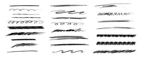 Chalk lines and squiggles, hand drawn doodle underlines thick line border, swoosh. Txtured sketchy crayon brush scribbles or wavy strokes vector