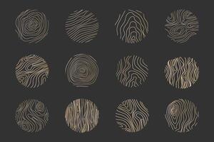 Golden thin line tree ring collection. Elegant gold wooden section texture circle. Topography map geographic grid contour. Wood stump timber. vector