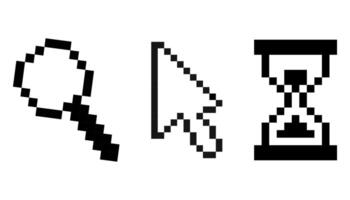 Pixel cursor 8 bit set, search, hourglass and point retro interface. Windows mouse pointer. Sand clock, lupe. vector