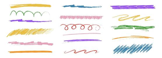 Chalk lines and squiggles, hand drawn doodle underlines thick line border, swoosh. Txtured sketchy crayon brush scribbles or wavy strokes vector