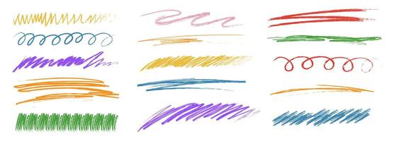Chalk lines and squiggles, hand drawn doodle underlines thick line border, swoosh. Txtured sketchy crayon brush scribbles or wavy strokes vector