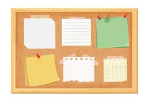 Sticky notes, paper reminder on corkboard with pin, tape. Postit, memo notes, idea or lists sheets. Organizer, wood frame. vector