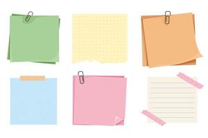 Memo notes, paper for note with clip, postit. Planner notebook page. Idea list. Post note sticker. Quote frame, reminder. vector