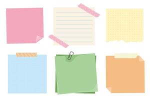Memo notes, paper for note with clip, postit. Planner notebook page. Idea list. Post note sticker. Quote frame, reminder. vector