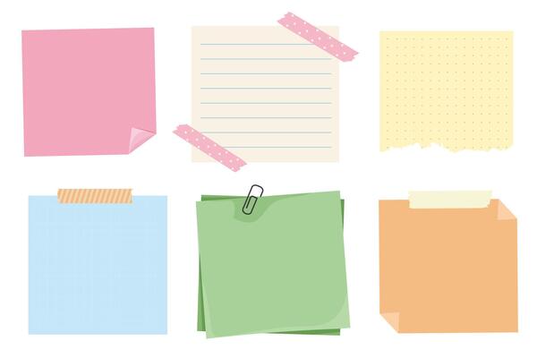 Memo notes, paper for note with clip, postit. Planner notebook page. Idea list. Post note sticker. Quote frame, reminder.