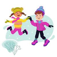 Happy children jumping around and having fun. Winter. Flat illustration. vector