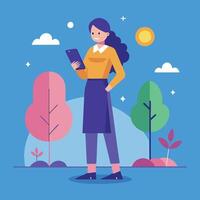 a woman is standing and using mobile phone Flat design illustration vector