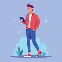 a man is standing and using a smartphone Flat illustration vector