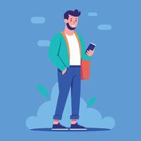 Young man is standing and using a smartphone Flat design illustration vector