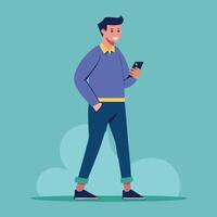 a man is standing and using a smartphone Flat design illustration vector