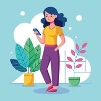 a woman is standing and using a mobile phone Flat design vector