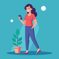 woman is standing and using a mobile phone, Flat design illustration vector