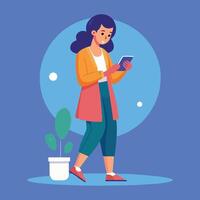 a woman is standing and using a mobile phone, Flat design illustration vector