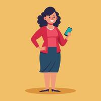 a woman is standing and using a mobile phone Flat design vector