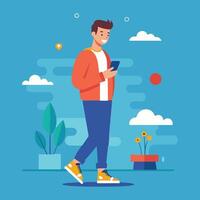 a man is standing and using smartphone Flat design illustration vector