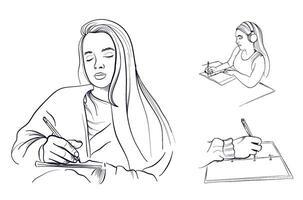 a set of hand-drawn drawings of a girl doing homework, writing in a diary vector