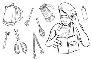 a set of hand-drawn drawings by a chef with a book with recipes and kitchen tools illustration vector