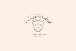 Beautiful natural flower in shield line art logo design template for beauty salon vector