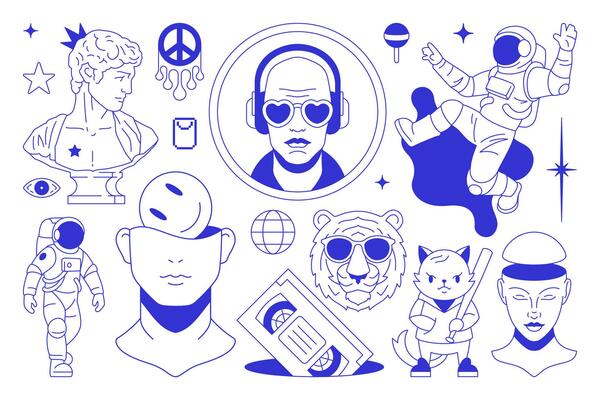 Y2k psychedelic comic blue pen sketch contemporary pop art concept line icon set flat
